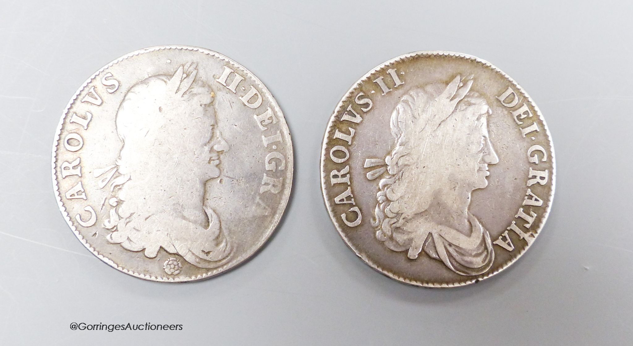 Two Charles II Crowns 1662, the first rose below bust, edge undated, S.3550 and legend rearranged no rose S.3352